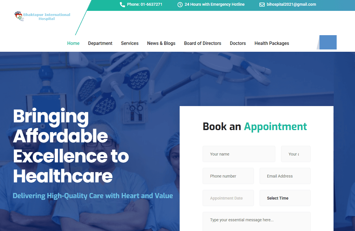 Bhaktapur International Hospital website — services section